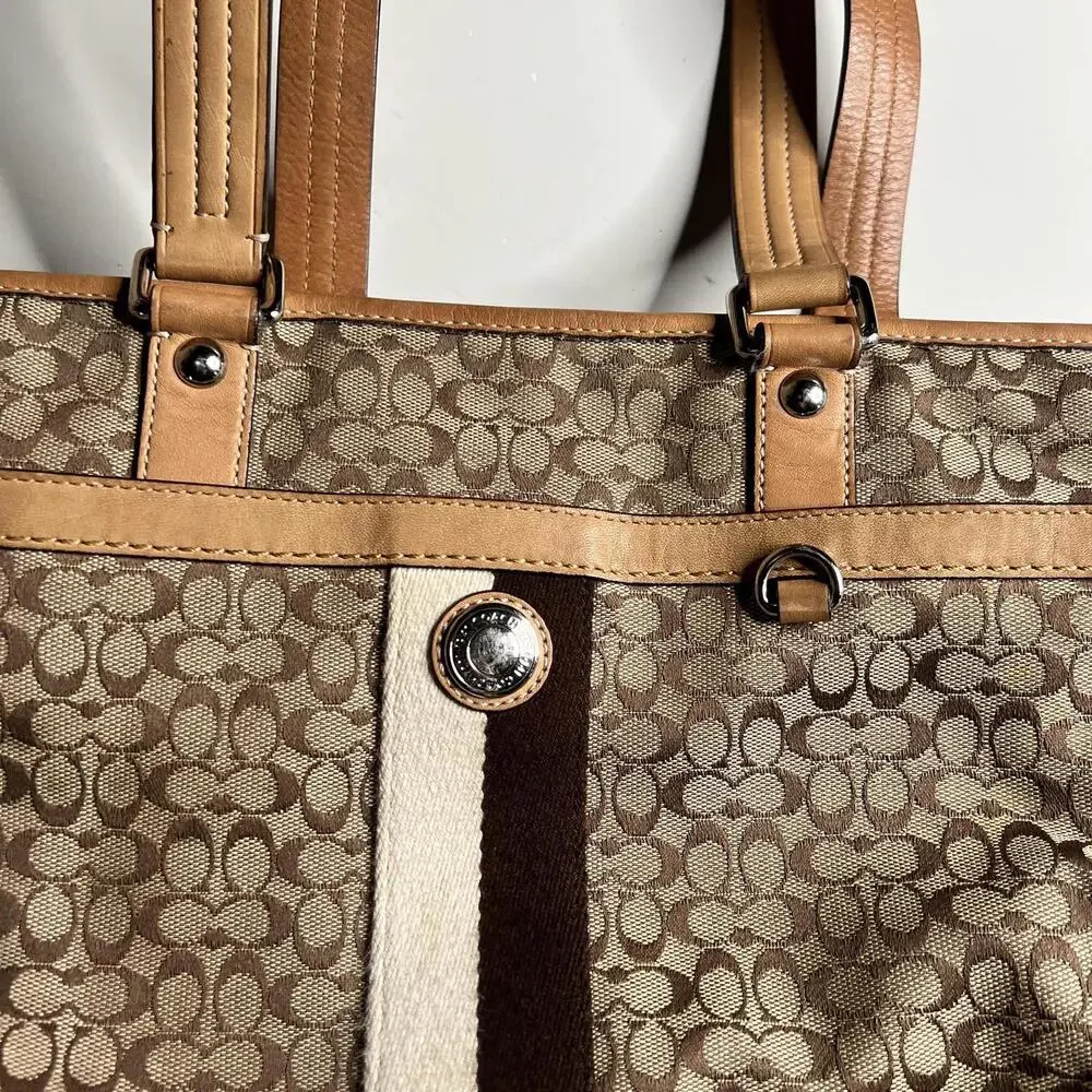 Coach Tote Bag Womens Large‎ Brown Signature Jacquard Leather Shoulder Stripe